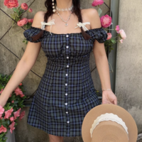 Farm Style One Shoulder Lace Short Sleeve Waist A-Line Dress - Thumbnail 2