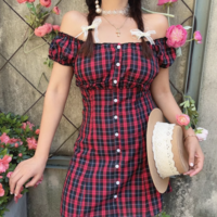 Farm Style One Shoulder Lace Short Sleeve Waist A-Line Dress - Thumbnail 3