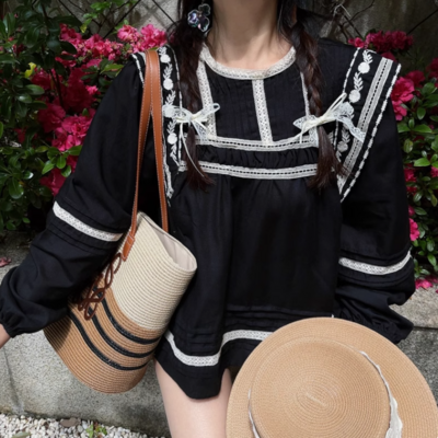 Black Bohemian Embroidered Lantern Sleeve Holiday Babydoll Shirt