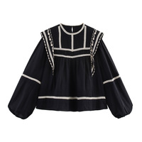 Black Bohemian Embroidered Lantern Sleeve Holiday Babydoll Shirt - Thumbnail 2