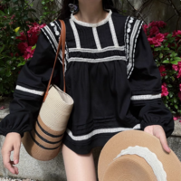 Black Bohemian Embroidered Lantern Sleeve Holiday Babydoll Shirt - Thumbnail 3