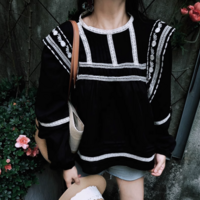 Black Bohemian Embroidered Lantern Sleeve Holiday Babydoll Shirt - Thumbnail 4