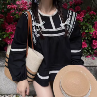 Black Bohemian Embroidered Lantern Sleeve Holiday Babydoll Shirt - Thumbnail 5