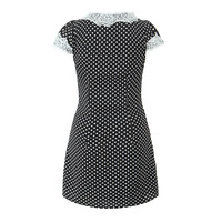 Slim Fit Lace Trim V-Neck Polka Dot Short Dress - Thumbnail 4
