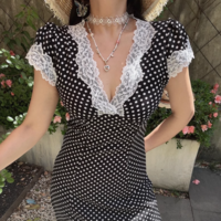 Slim Fit Lace Trim V-Neck Polka Dot Short Dress - Thumbnail 2