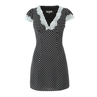 Slim Fit Lace Trim V-Neck Polka Dot Short Dress - Thumbnail 5