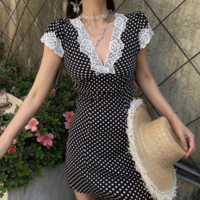 Slim Fit Lace Trim V-Neck Polka Dot Short Dress - Thumbnail 1