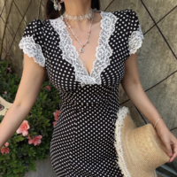 Slim Fit Lace Trim V-Neck Polka Dot Short Dress - Thumbnail 3