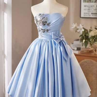 Blue satin short a-line strapless prom party dress - Thumbnail 1