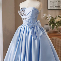 Blue Satin Short A-Line Strapless Prom Party Dress - Thumbnail 1