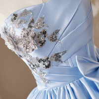 Blue Satin Short A-Line Strapless Prom Party Dress - Thumbnail 3