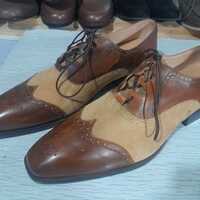 Handmade Italian Structure Camel Brown Contrast Wingtip Shoes Dress Shoes Collection For Men - Thumbnail 1