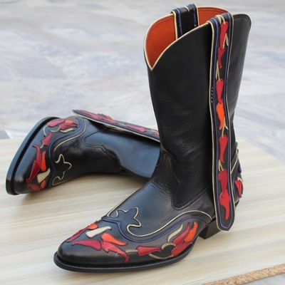 Crafted leather classic black fancy designer cowboy ankle high wingtip boot