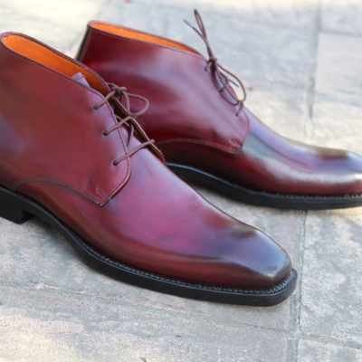 Handmade burgundy calf leather chukka dress boot for men 