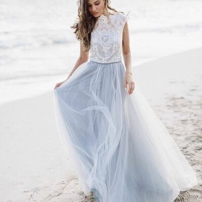 Modest blue a line lace beach boho wedding dress bridal gown wedding gown
