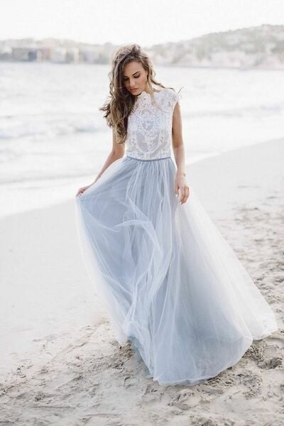 Modest Blue A Line Lace Beach Boho Wedding Dress Bridal Gown Wedding Gown