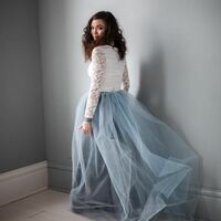 Modest Blue A Line Lace Beach Boho Wedding Dress Bridal Gown Wedding Gown - Thumbnail 1