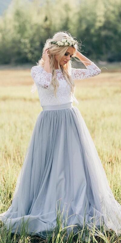 Modest Blue Two Pieces Lace Beach Boho Wedding Dress Bridal Gown Wedding Gown