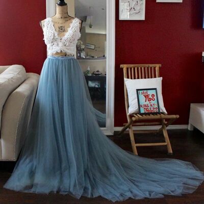 Modest blue two pieces lace beach boho wedding dress bridal gown wedding gown