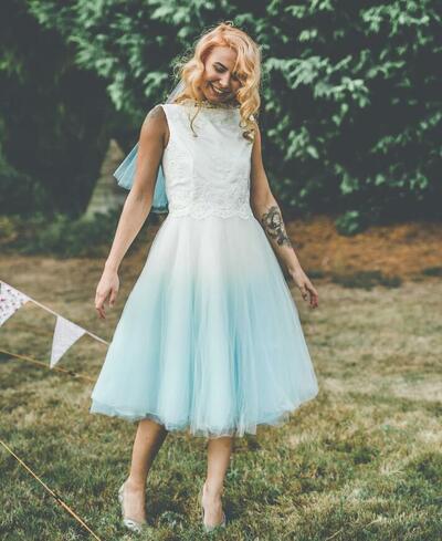 Modest Ombre Blue A Line Tea-length Lace Beach Boho Wedding Dress Bridal Gown Wedding Gown