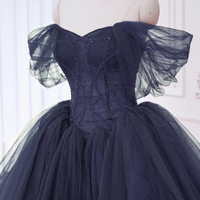 Blue Tulle Beads Long Prom Formal Dress, Elegant A-Line Party Dress - Thumbnail 1