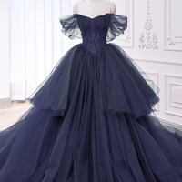 Blue Tulle Beads Long Prom Formal Dress, Elegant A-Line Party Dress - Thumbnail 3