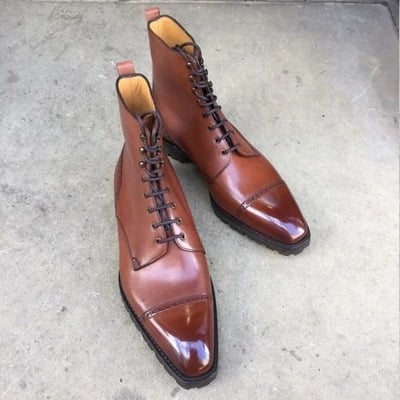 Handmade men brown leather ankle high lace up dress boot