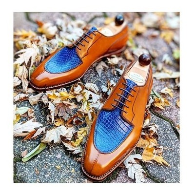 Handmade men cognac/blue crocodile leather alligator dress shoes - Thumbnail 3