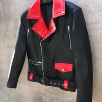 Crafted Leather Handmade Black Red Leather Men Fashion Biker Studded Motorcycle Jacket - Thumbnail 2