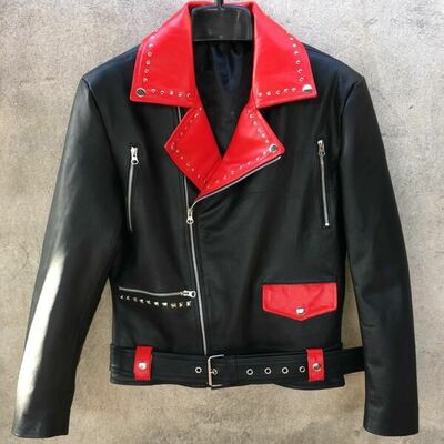 Crafted leather handmade black red leather men fashion biker studded motorcycle jacket