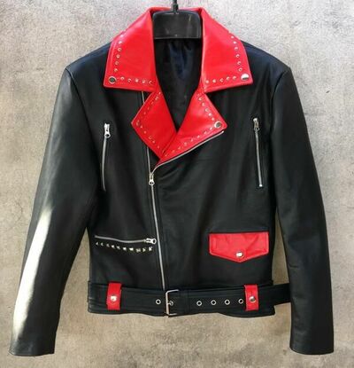 Crafted Leather Handmade Black Red Leather Men Fashion Biker Studded Motorcycle Jacket