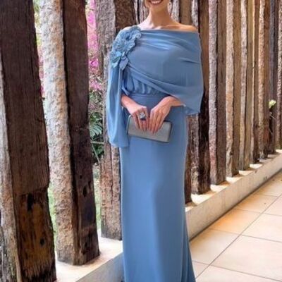 Elegant blue sheath chiffon mother of the bride/groom dress evening formal dress