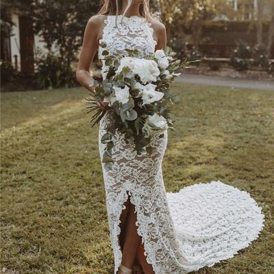 Boho wedding dresses for women mermaid slit backless lace bohemian bride gowns marriage dresses beach vestidos de novia,1091