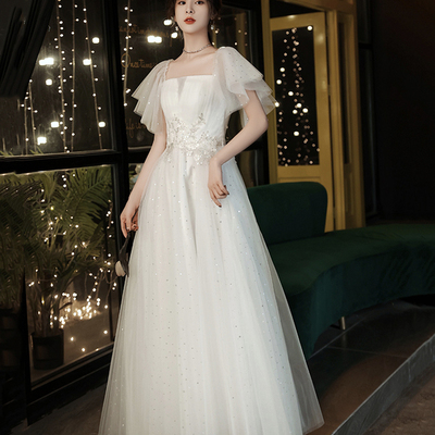 White tulle long a line prom dress white evening dress,1094