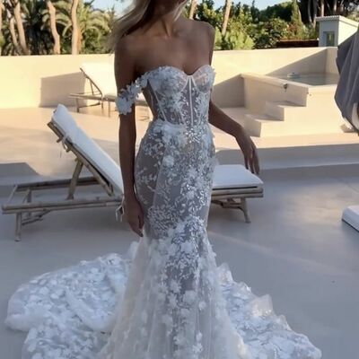 Floral appliques lace sexy mermaid wedding dress bridal gown wedding gown