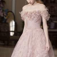Pink Tulle Long Prom Dress, A-Line Off the Shoulder Party Dress - Thumbnail 2