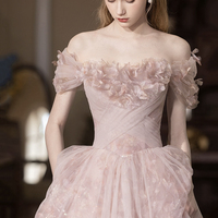 Pink Tulle Long Prom Dress, A-Line Off the Shoulder Party Dress - Thumbnail 4