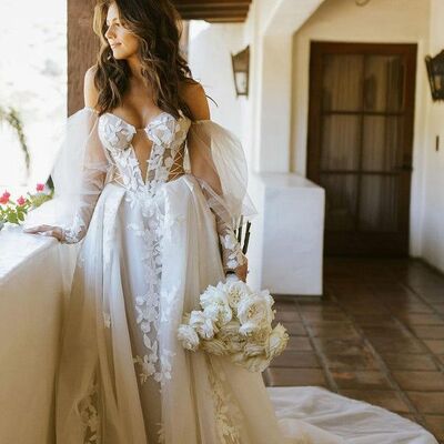 Ball gown tulle lace appliques beach boho wedding dress bridal gowns