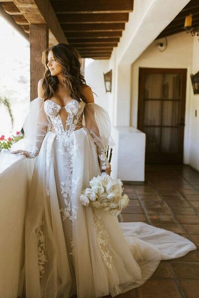 Ball Gown Tulle Lace Appliques Beach Boho Wedding Dress Bridal Gowns