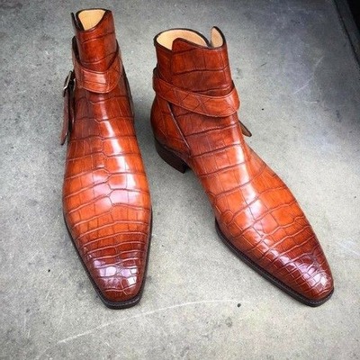 Handmade men orange patina crocodile leather alligator jodhpur strap dress boot - Thumbnail 3