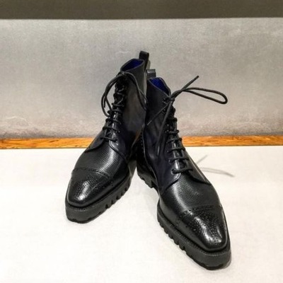 Handmade men black suede leather  military ankle balmoral boot