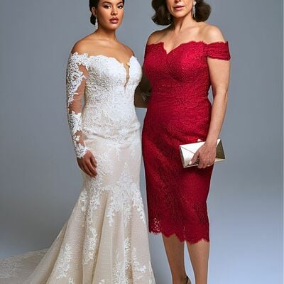Elegant wine red burgundy sheath lace tea-length mother of the bride/groom dress evening formal dress