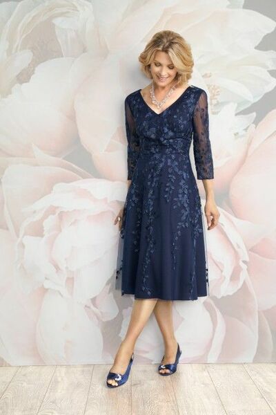 Elegant Navy Blue Sheath Lace Appliques Tea-length Mother of the Bride/Groom Dress Evening Formal Dress
