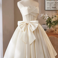 Champagne Satin Short A-Line Strapless Prom Party Dress - Thumbnail 2