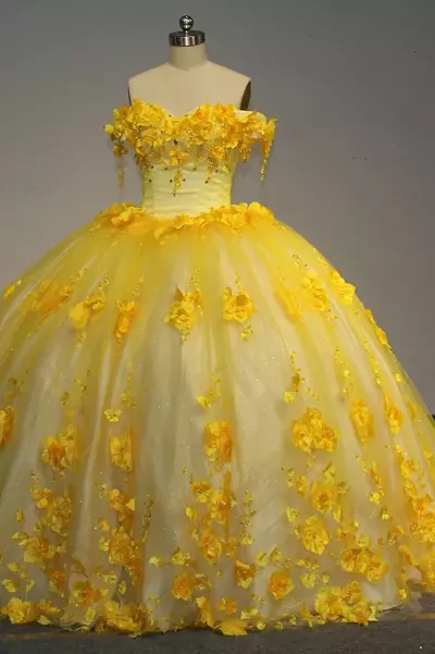 Off the Shoulder Yellow Quinceanera Dress with Flowers for sale