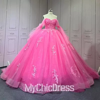 Hot Pink Quinceanera Dress Tulle Lace Crystal Sweet 15 Dress Sleeveless with Beading