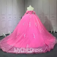 Hot Pink Quinceanera Dress Tulle Lace Crystal Sweet 15 Dress Sleeveless with Beading - Thumbnail 2