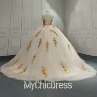 Ball Gown Srapless Champagne Gold Quinceanera Dress Lace Tulle - Thumbnail 1