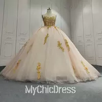 Ball Gown Srapless Champagne Gold Quinceanera Dress Lace Tulle - Thumbnail 2