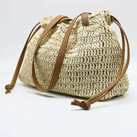 Large Capacity Woven Straw Bag Casual Drawstring Holiday Beach Bag - Thumbnail 5